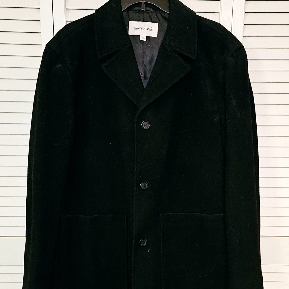 Pronto Uomo Navy Blue Pea Coat with Luxurious Wool Blend